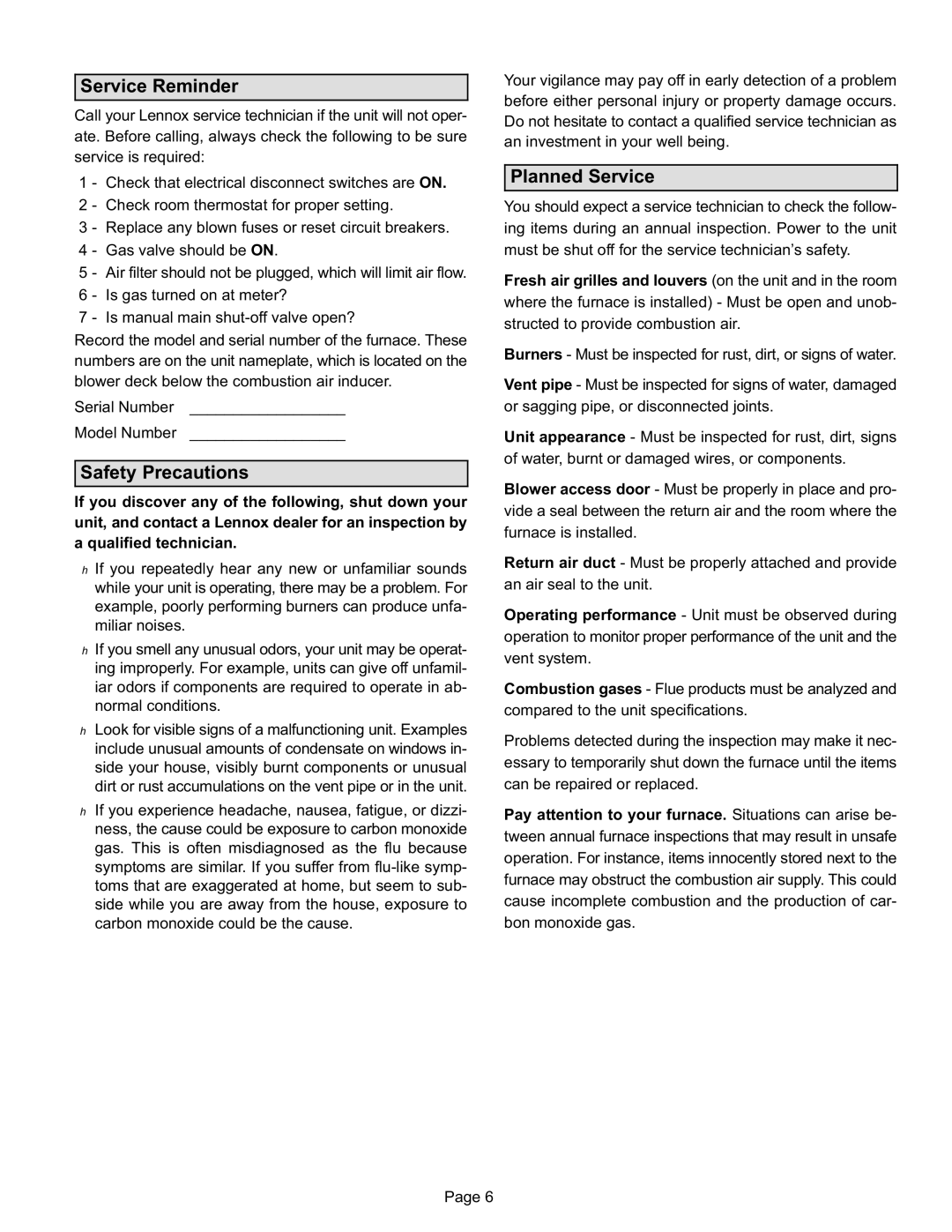 Lenoxx Electronics G41UF manual Service Reminder, Safety Precautions, Planned Service 