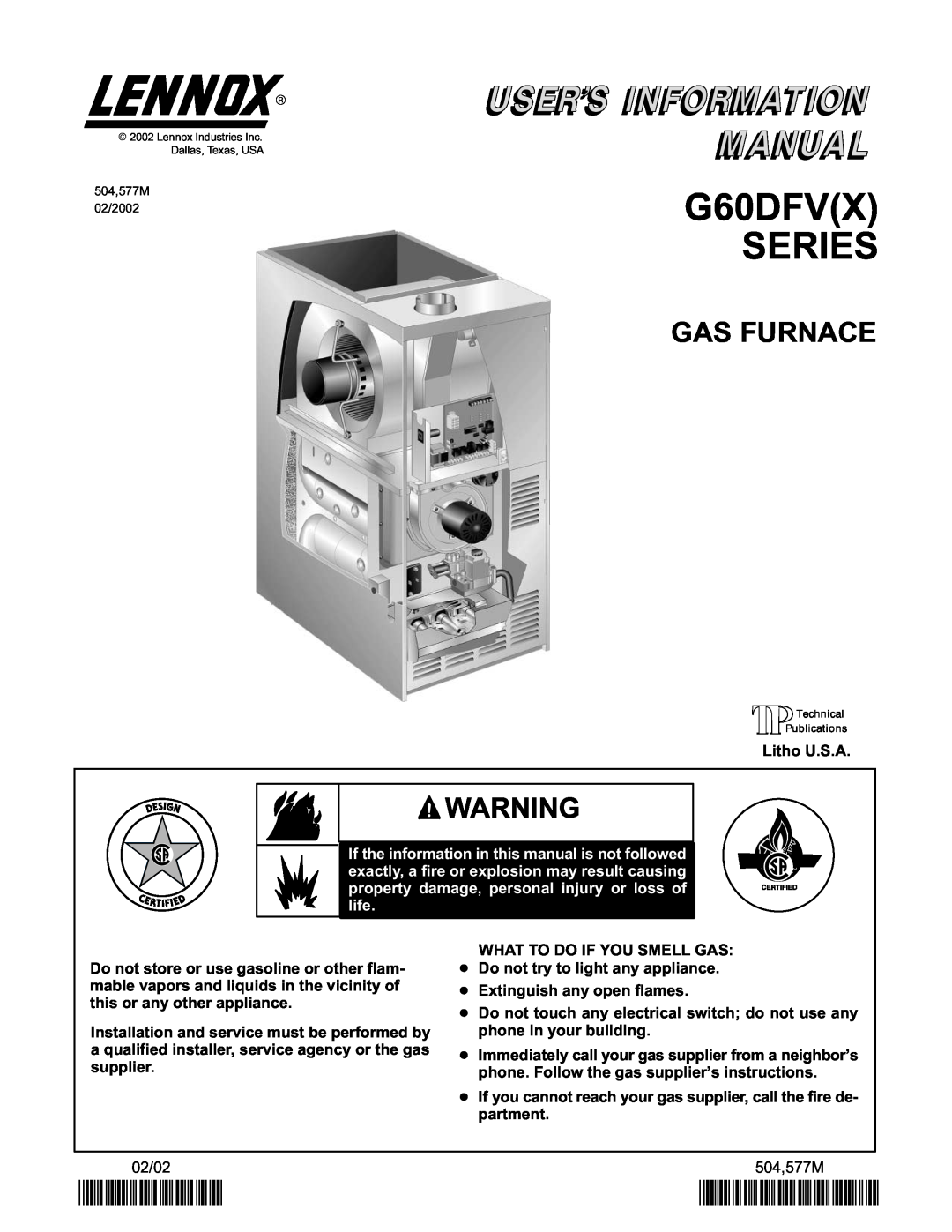 Lenoxx Electronics G60DFV(X) manual G60DFVX SERIES, Gas Furnace, 2P0202, P504577M 