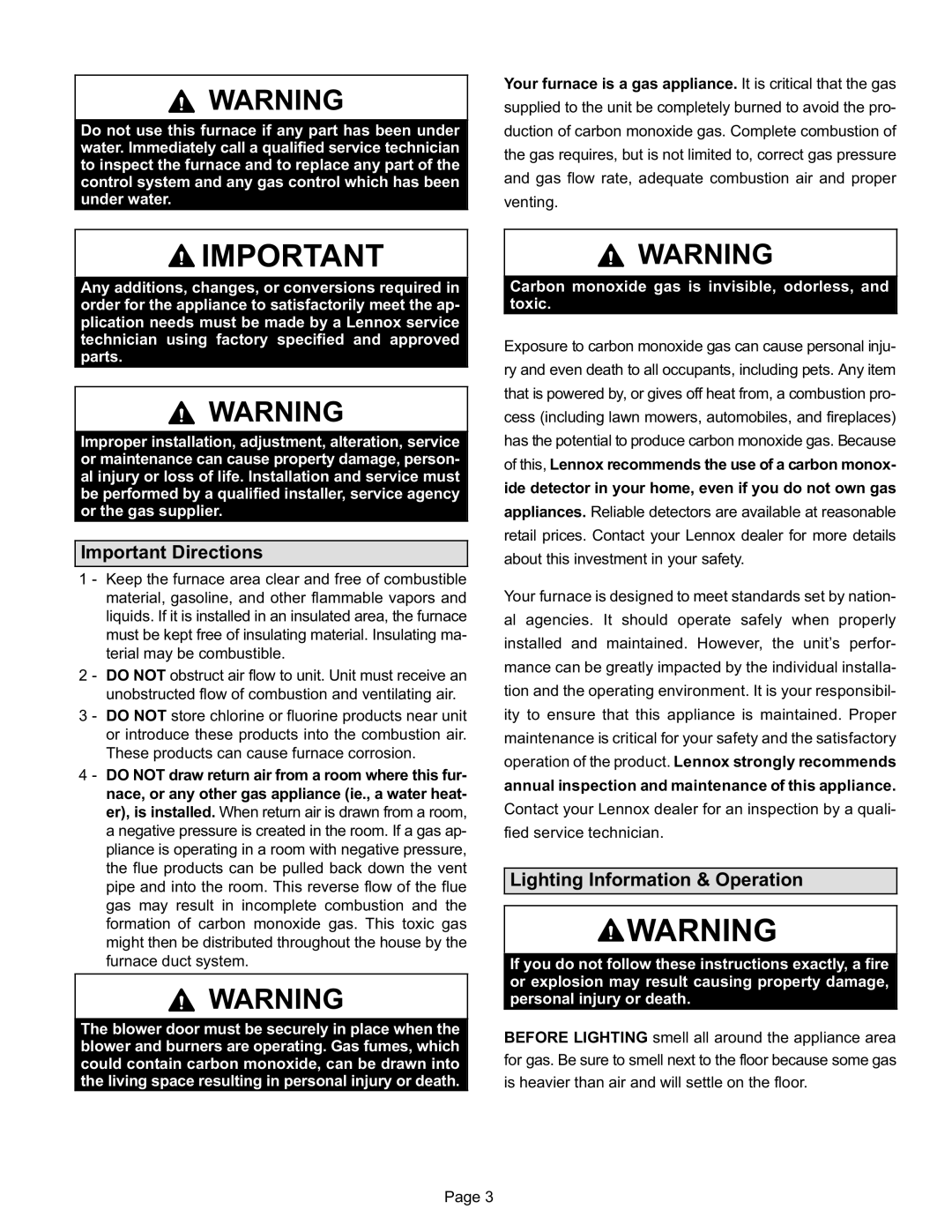 Lenoxx Electronics G60DF(X) manual Important Directions, Lighting Information & Operation 