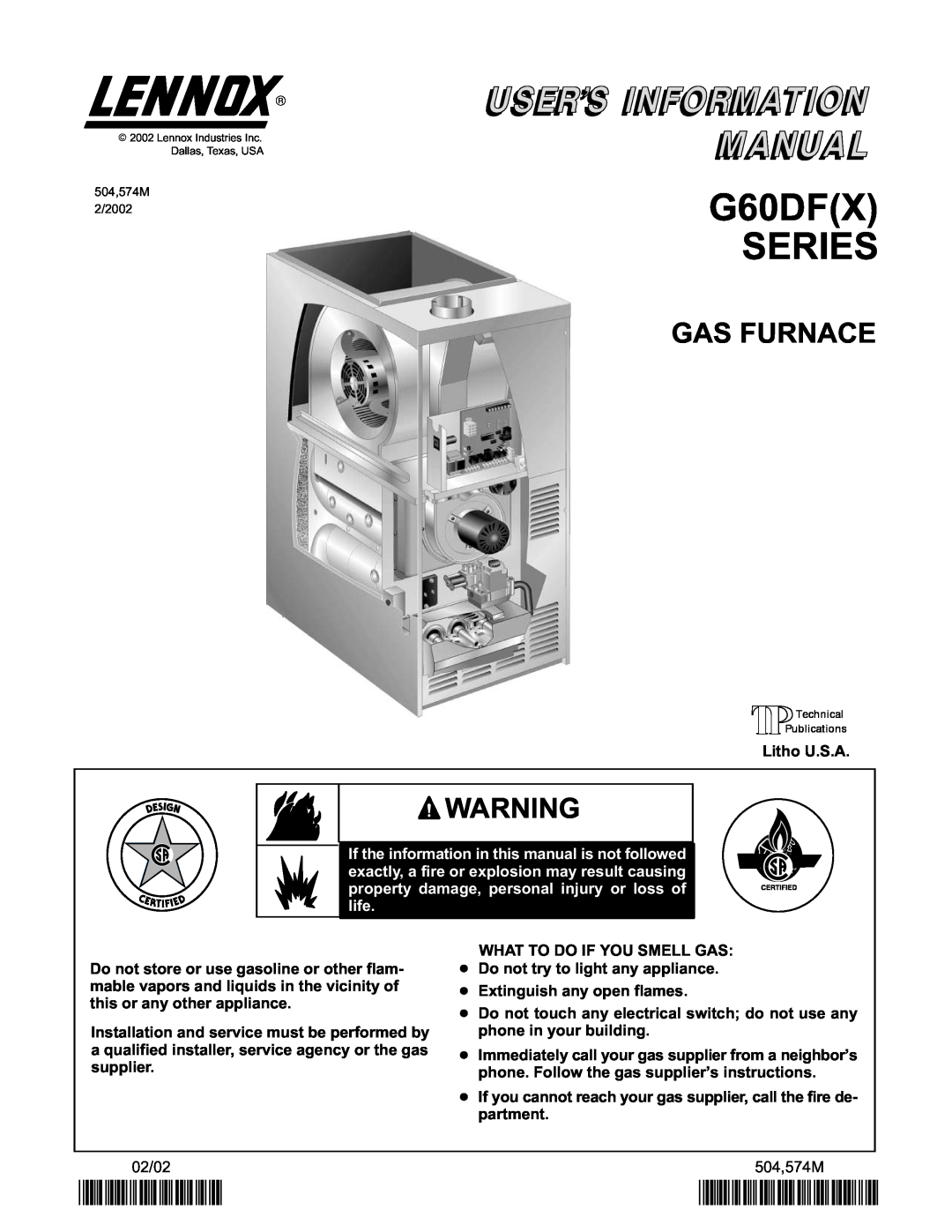 Lenoxx Electronics G60DF(X) manual G60DFX SERIES, Gas Furnace, 2P0202, P504574M 