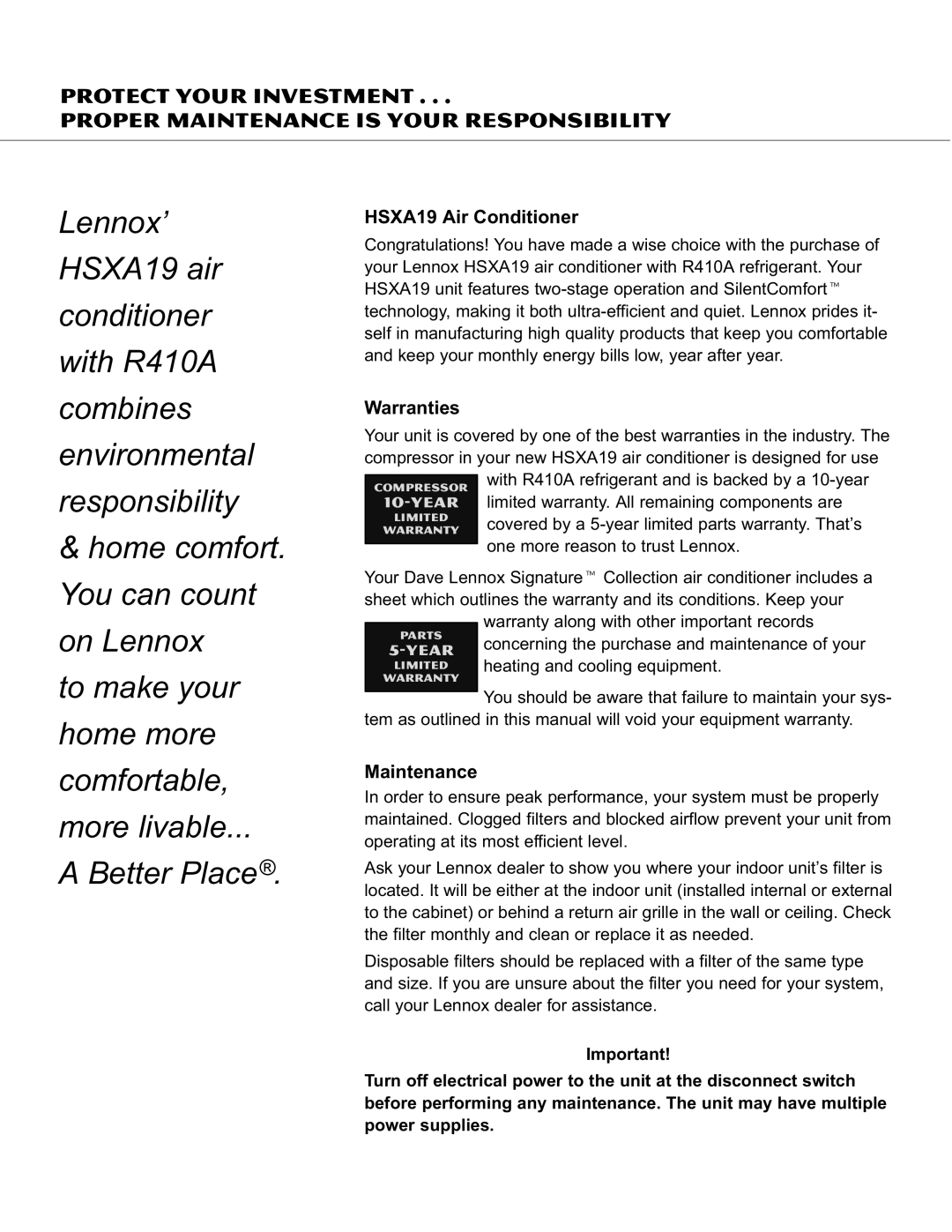 Lenoxx Electronics owner manual HSXA19 Air Conditioner, Warranties, Maintenance 