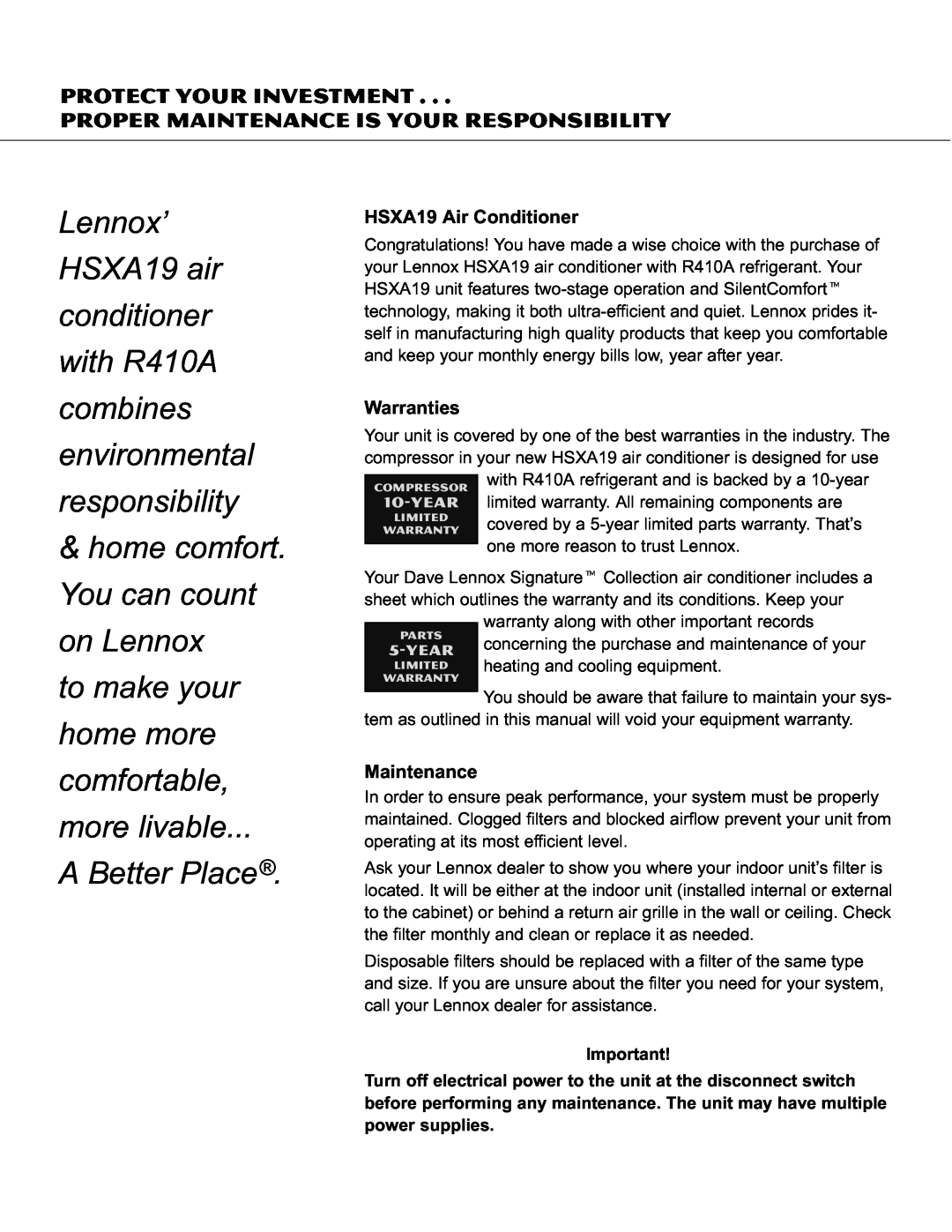 Lenoxx Electronics owner manual HSXA19 Air Conditioner, Warranties, Maintenance, home comfort. You can count on Lennox 