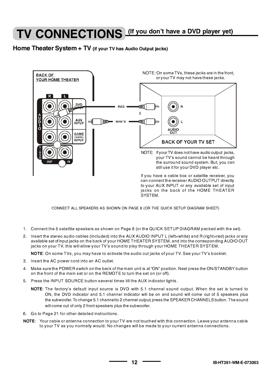 Lenoxx Electronics HT-391 manual TV Connections If you don’t have a DVD player yet 