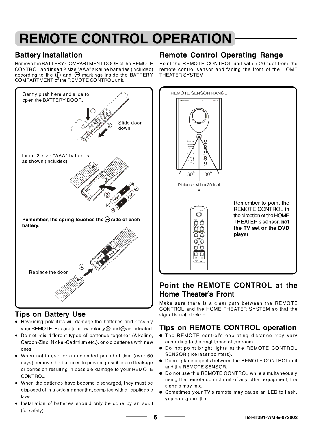 Lenoxx Electronics HT-391 manual Remote Control Operation 