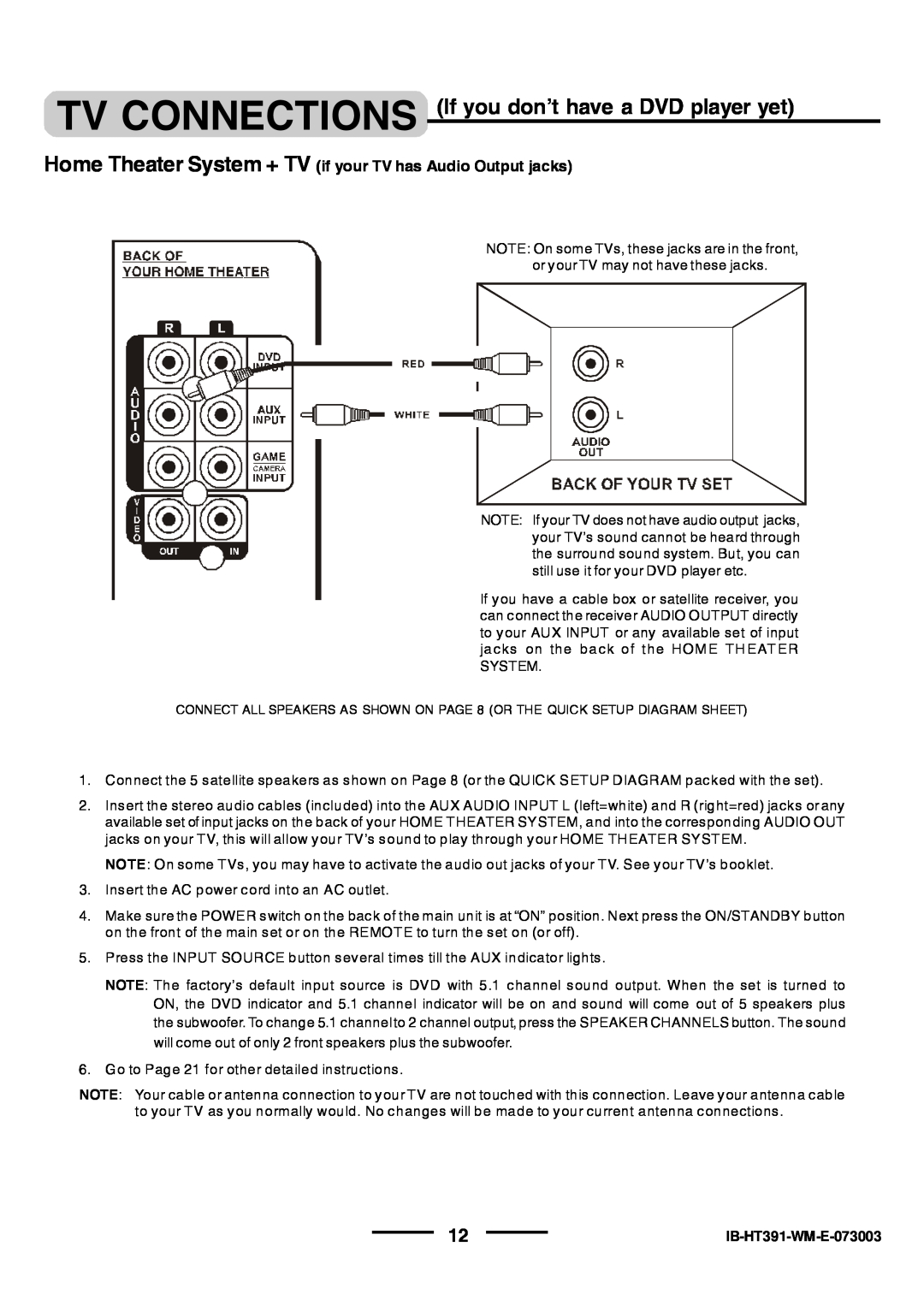 Lenoxx Electronics HT-391 manual TV CONNECTIONS If you don’t have a DVD player yet, IB-HT391-WM-E-073003 