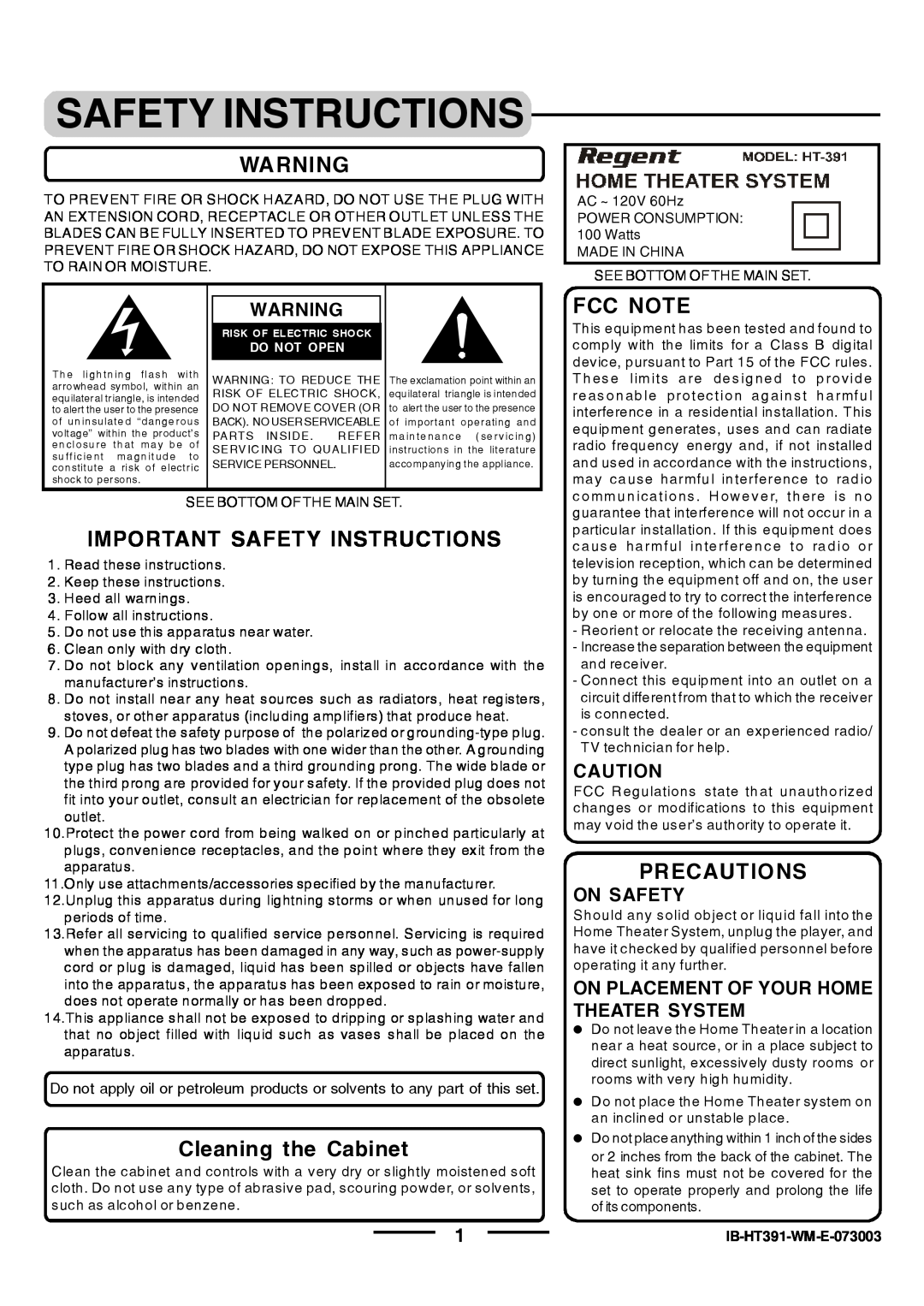 Lenoxx Electronics HT-391 manual Important Safety Instructions, Cleaning the Cabinet, Fcc Note, Precautions 