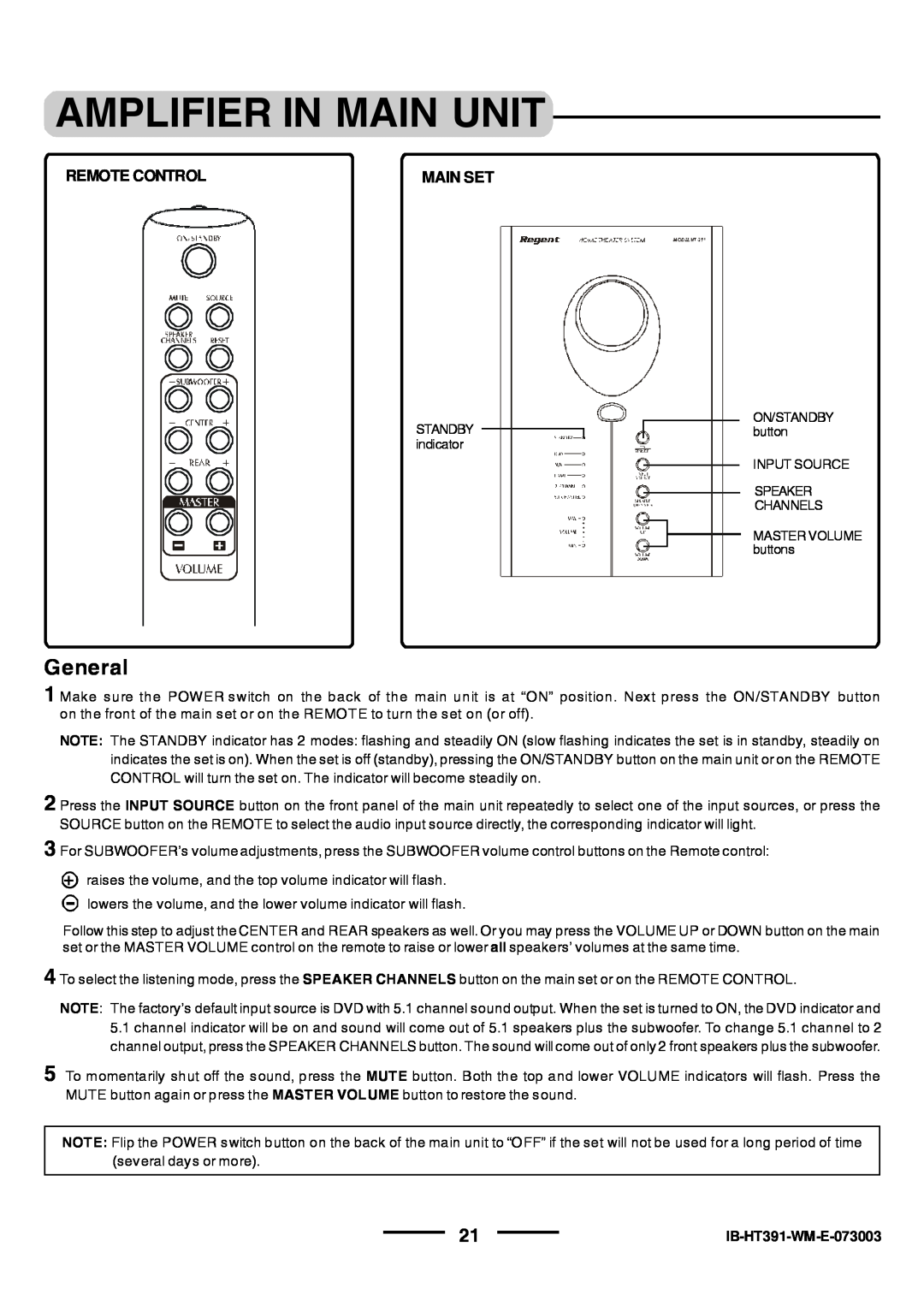 Lenoxx Electronics HT-391 manual Amplifier In Main Unit, General, IB-HT391-WM-E-073003 