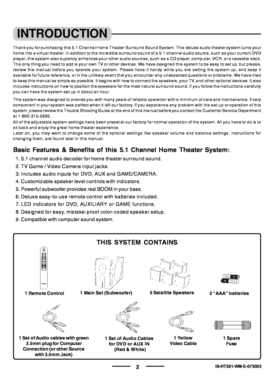 Lenoxx Electronics HT-391 manual Introduction, This System Contains 