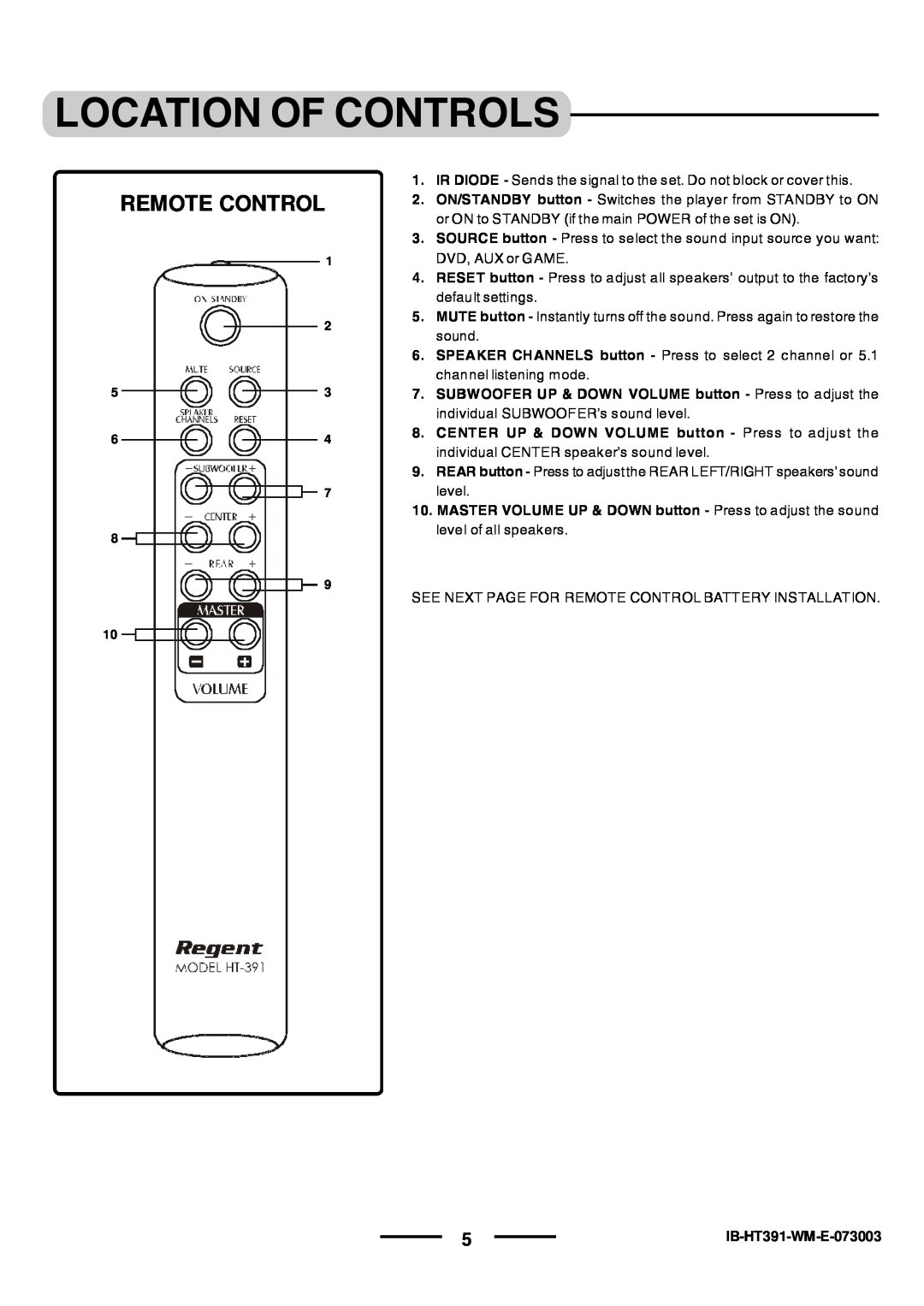 Lenoxx Electronics HT-391 manual Remote Control, Location Of Controls, IB-HT391-WM-E-073003 