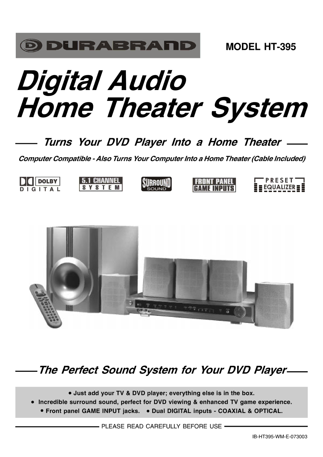 Lenoxx Electronics HT-395 manual Digital Audio Home Theater System 