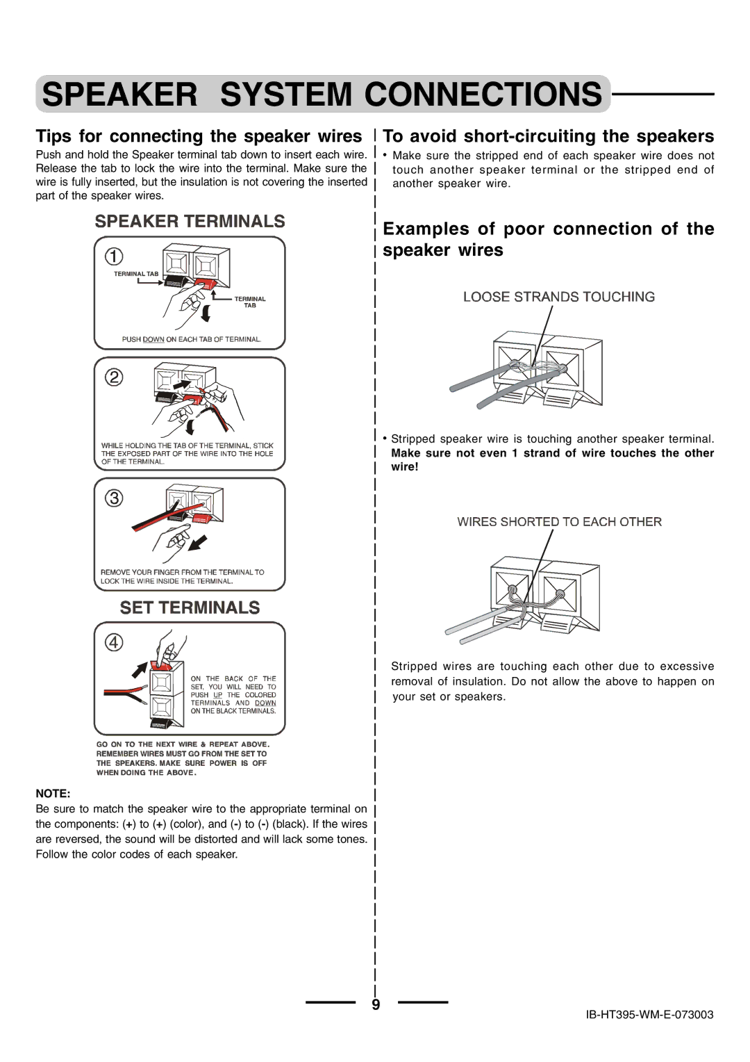 Lenoxx Electronics HT-395 manual Tips for connecting the speaker wires, To avoid short-circuiting the speakers 