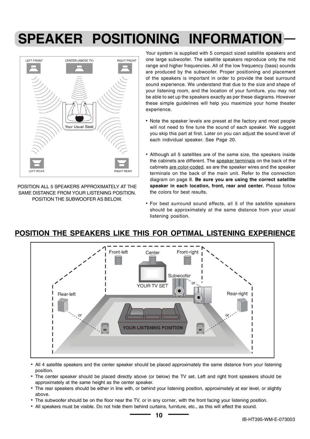 Lenoxx Electronics HT-395 manual Speaker Positioning Information, Position the Subwoofer AS below 