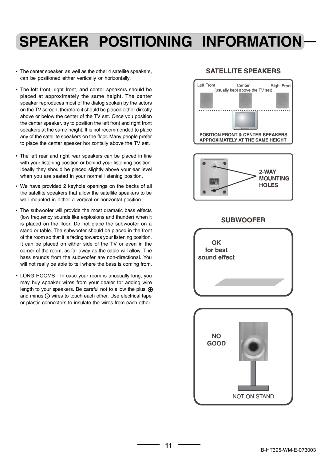 Lenoxx Electronics HT-395 manual Speaker Positioning Information 