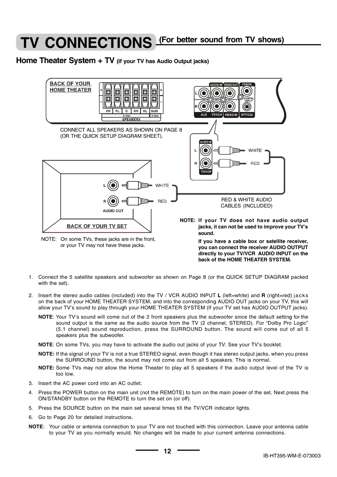 Lenoxx Electronics HT-395 manual TV Connections For better sound from TV shows 