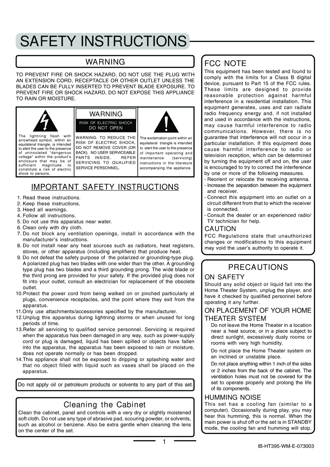 Lenoxx Electronics HT-395 manual Safety Instructions, Cleaning the Cabinet 