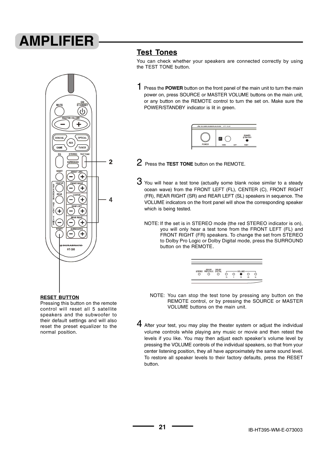 Lenoxx Electronics HT-395 manual Test Tones, Reset Button 