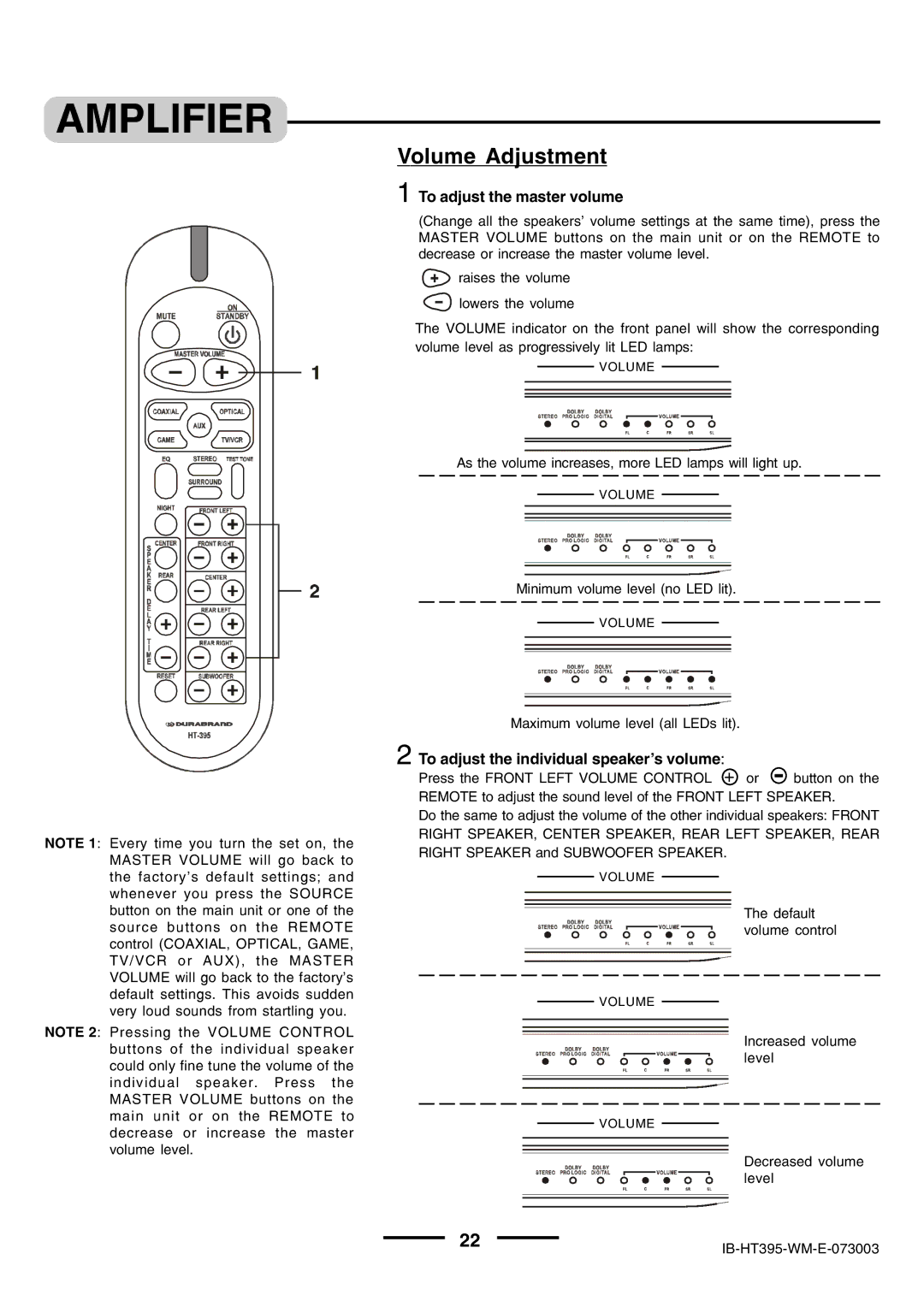 Lenoxx Electronics HT-395 manual Volume Adjustment, To adjust the master volume 