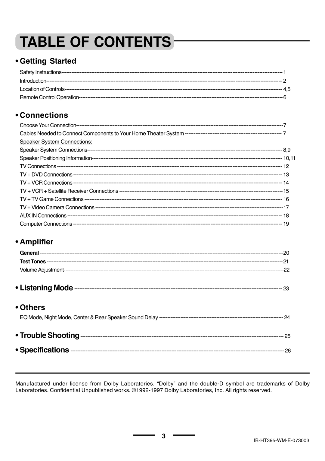 Lenoxx Electronics HT-395 manual Table of Contents 