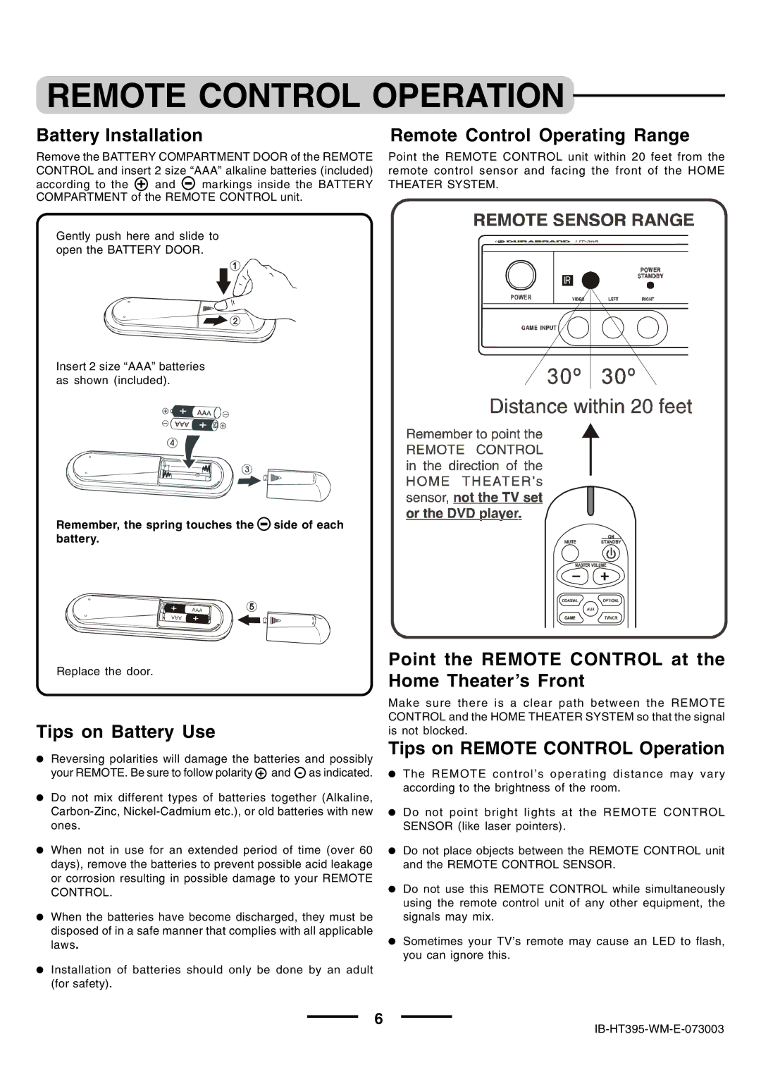 Lenoxx Electronics HT-395 manual Remote Control Operation, Battery Installation Remote Control Operating Range 