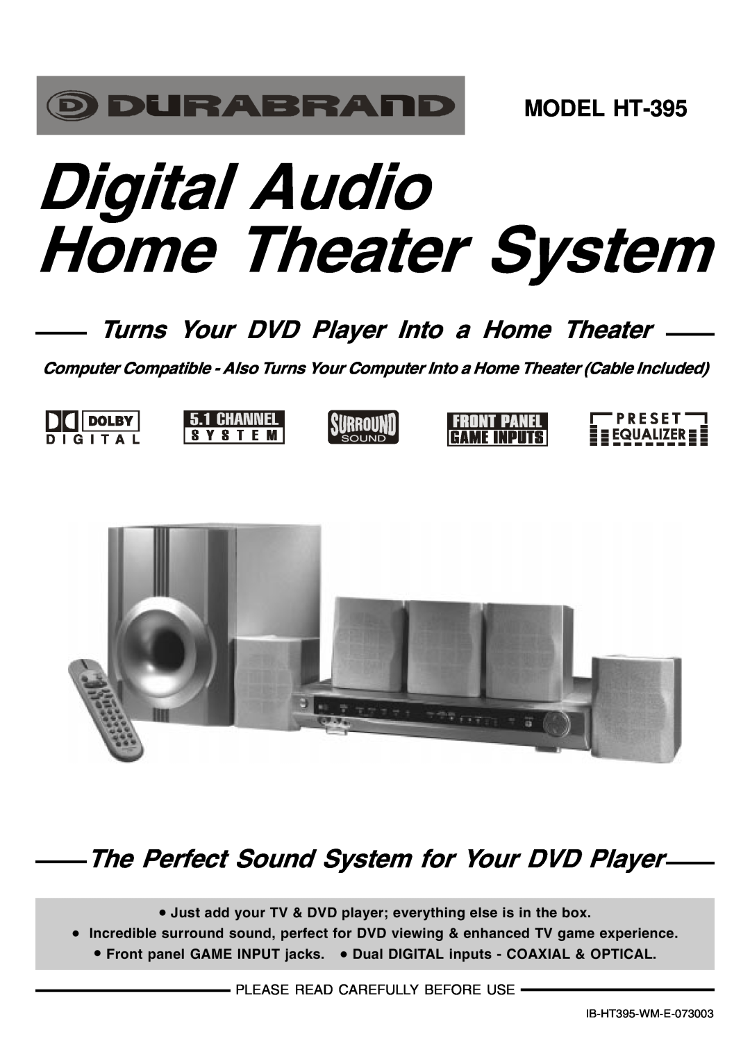 Lenoxx Electronics HT-395 manual Digital Audio Home Theater System, The Perfect Sound System for Your DVD Player 