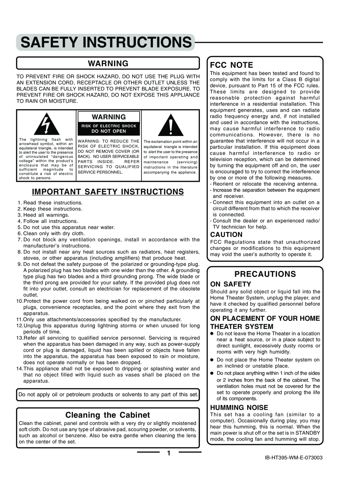 Lenoxx Electronics HT-395 manual Fcc Note, Important Safety Instructions, Cleaning the Cabinet, Precautions, On Safety 