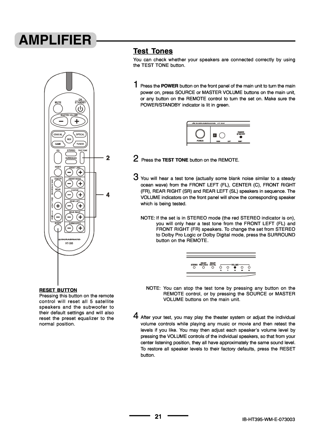 Lenoxx Electronics HT-395 manual Test Tones, Amplifier 