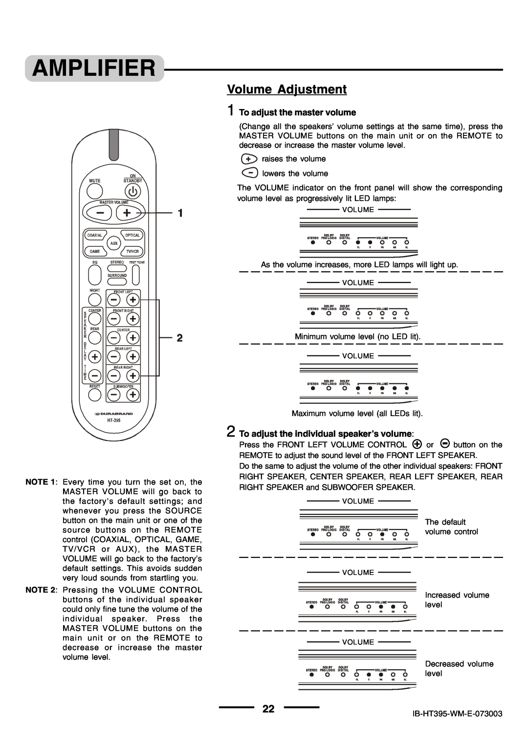 Lenoxx Electronics HT-395 manual Volume Adjustment, Amplifier, To adjust the master volume 