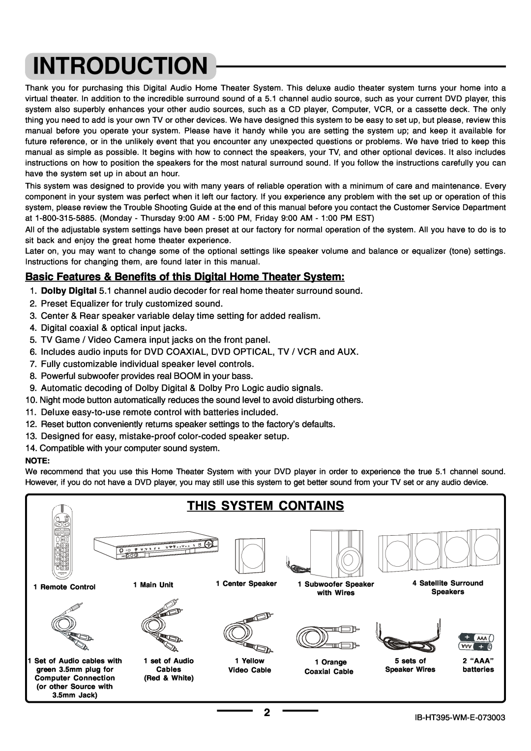 Lenoxx Electronics HT-395 manual Introduction, This System Contains 