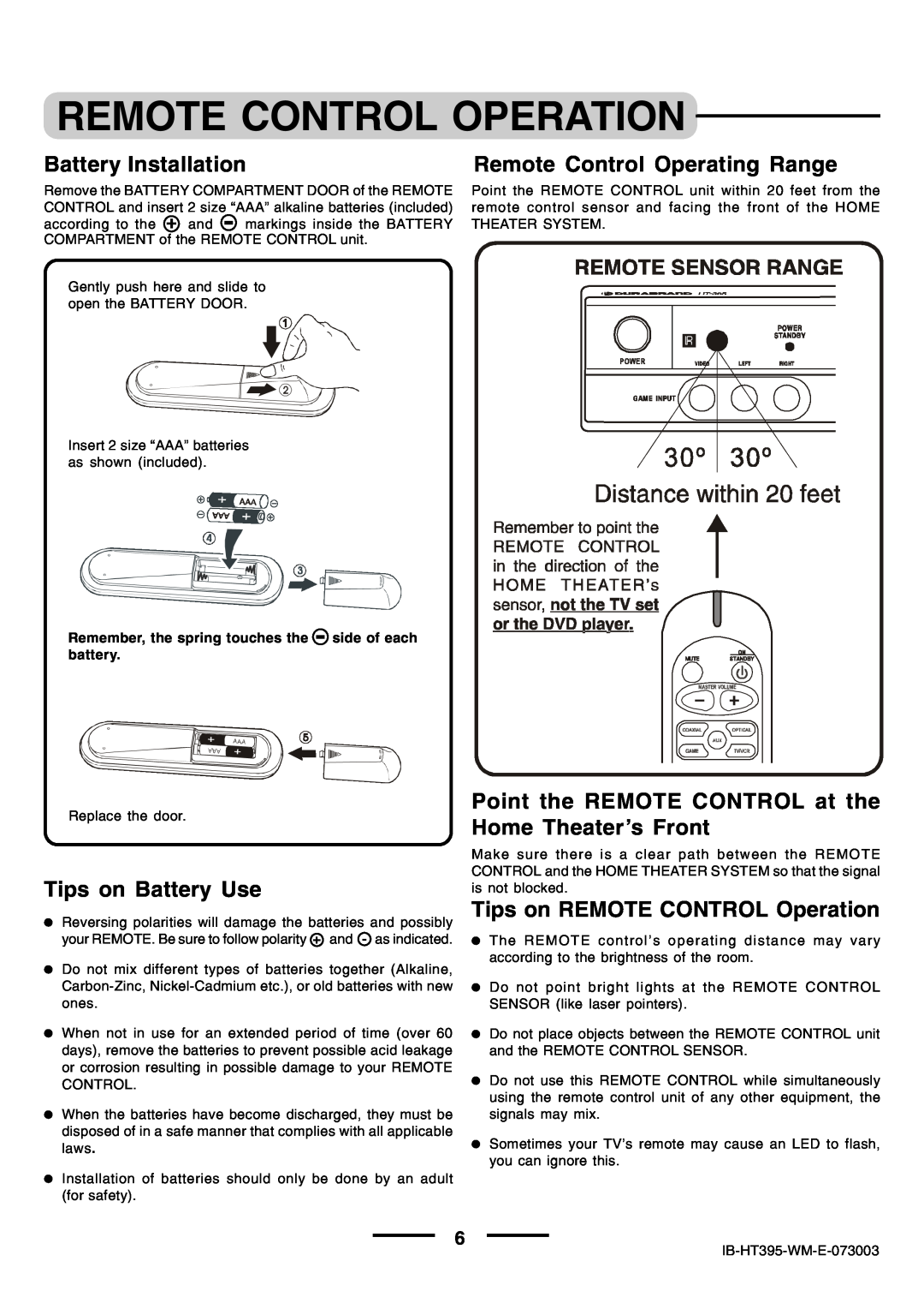 Lenoxx Electronics HT-395 manual Remote Control Operation, Battery Installation, Remote Control Operating Range 