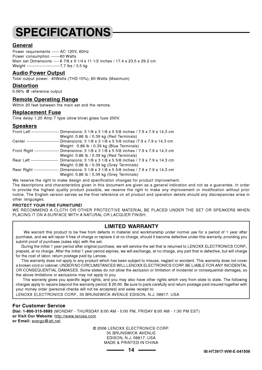 Lenoxx Electronics HT3917 manual General, For Customer Service 