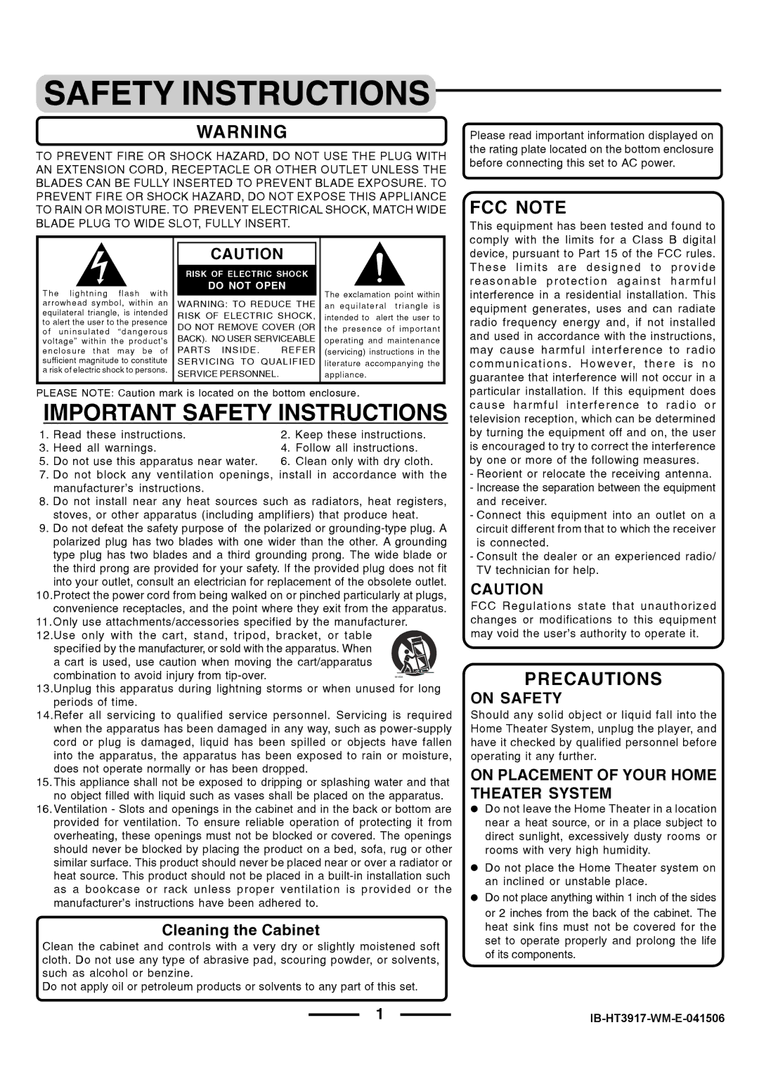 Lenoxx Electronics HT3917 manual FCC Note, Precautions 