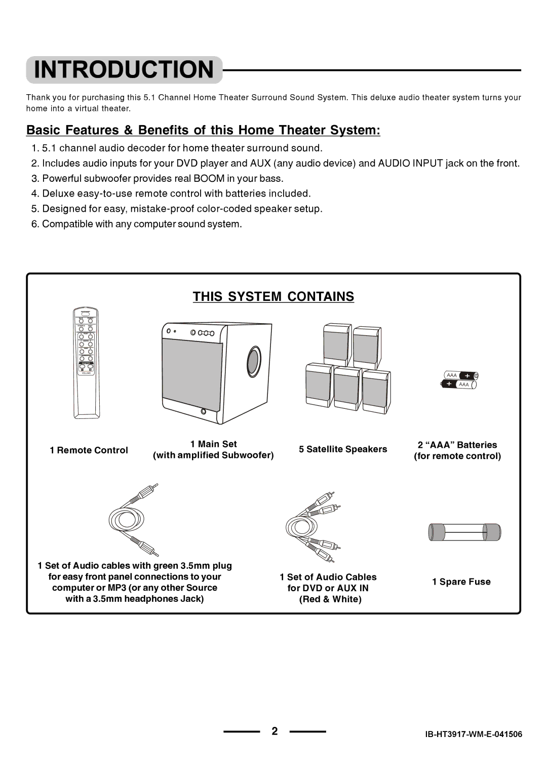 Lenoxx Electronics HT3917 manual Basic Features & Benefits of this Home Theater System, This System Contains 