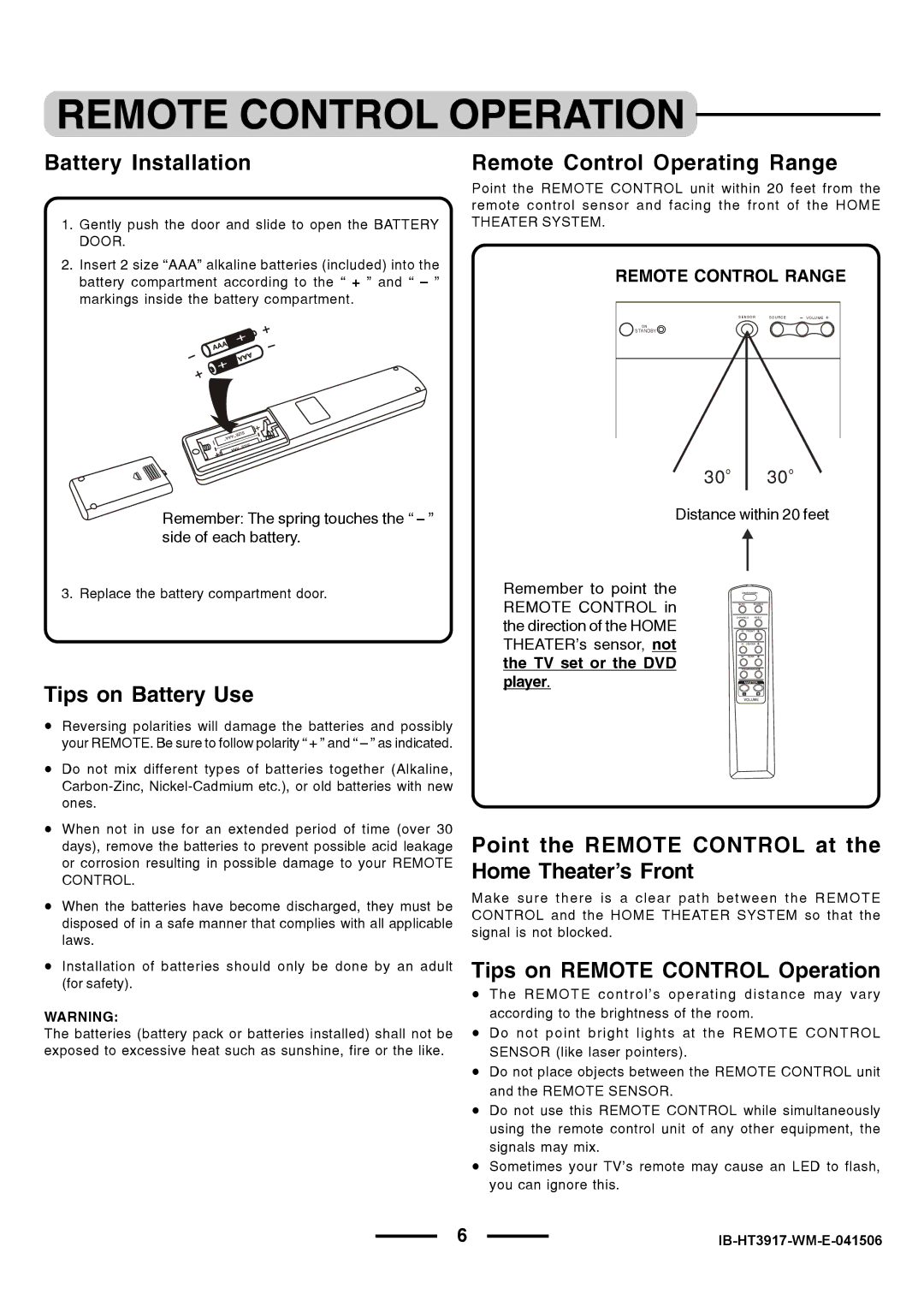 Lenoxx Electronics HT3917 manual Battery Installation Remote Control Operating Range, Tips on Battery Use 