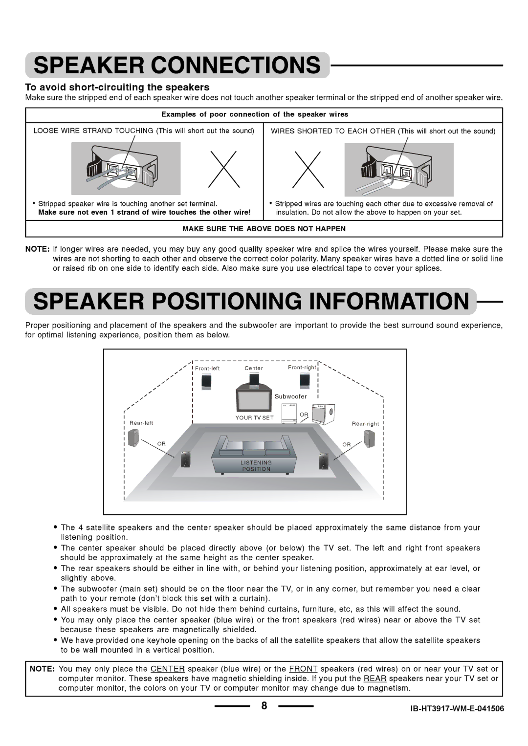 Lenoxx Electronics HT3917 manual To avoid short-circuiting the speakers, Examples of poor connection of the speaker wires 