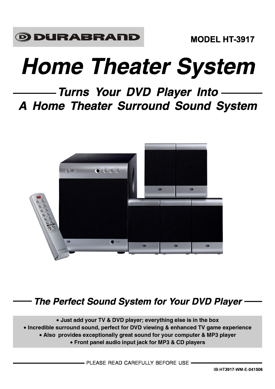 Lenoxx Electronics HT3917 manual The Perfect Sound System for Your DVD Player, Please Read Carefully Before Use 