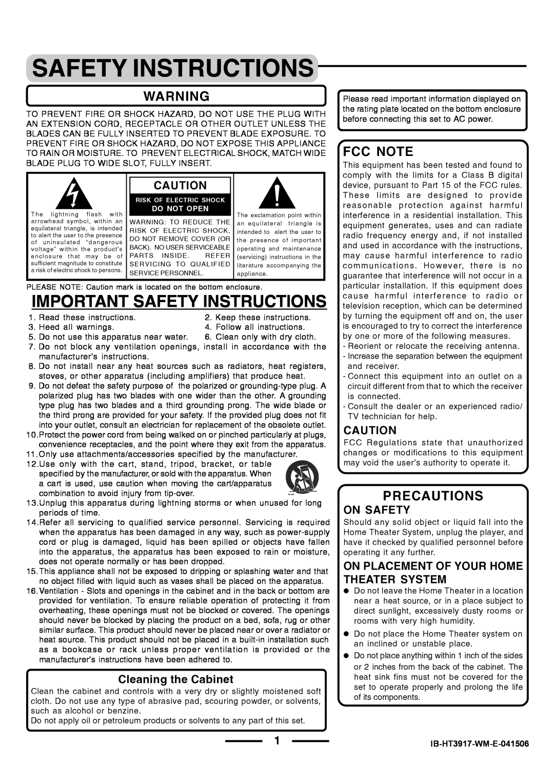 Lenoxx Electronics HT3917 manual Fcc Note, Precautions, Important Safety Instructions 