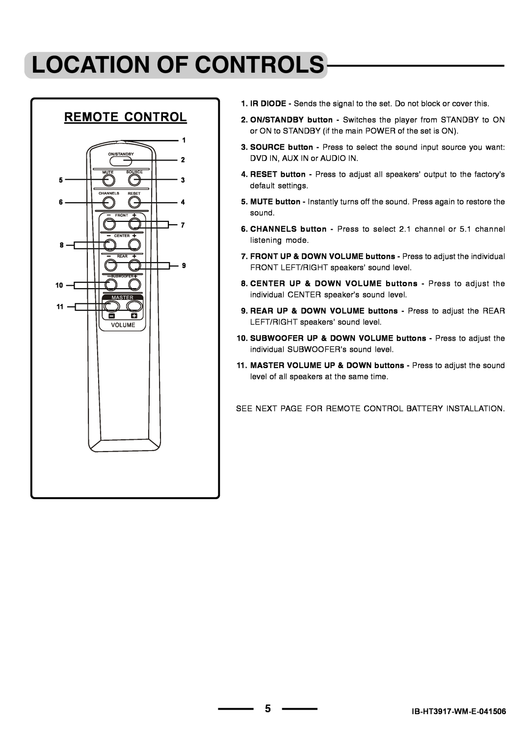Lenoxx Electronics HT3917 manual Remote Control 