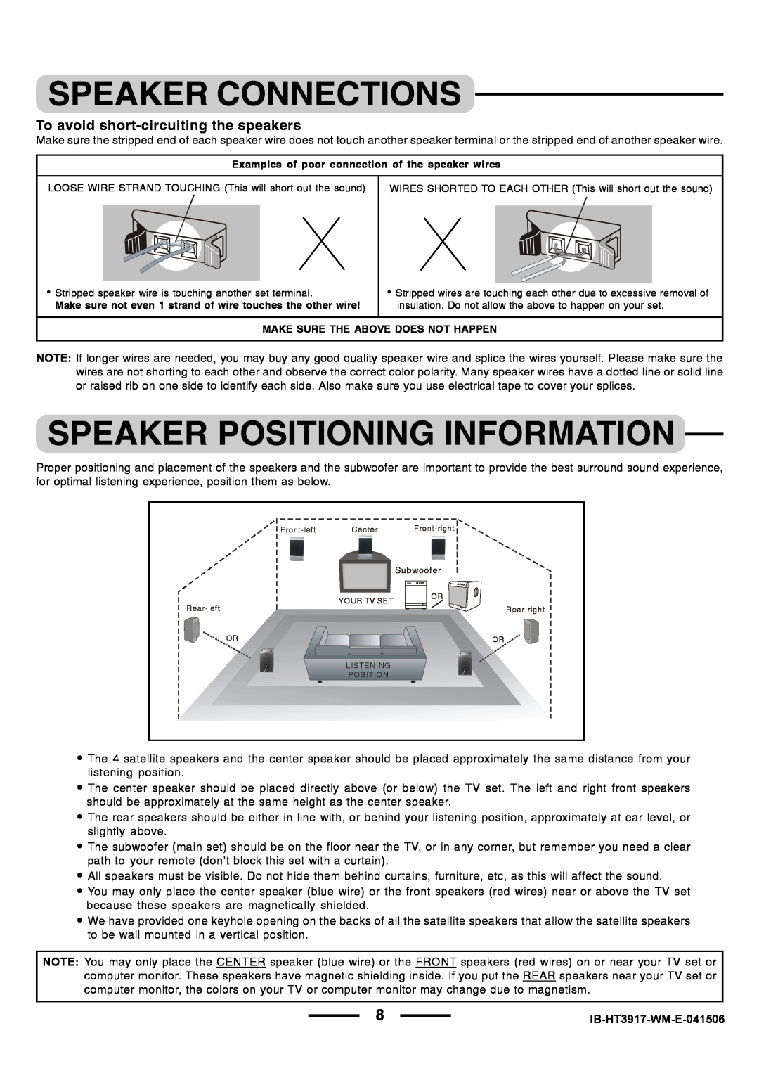 Lenoxx Electronics HT3917 manual To avoid short-circuitingthe speakers, Examples of poor connection of the speaker wires 