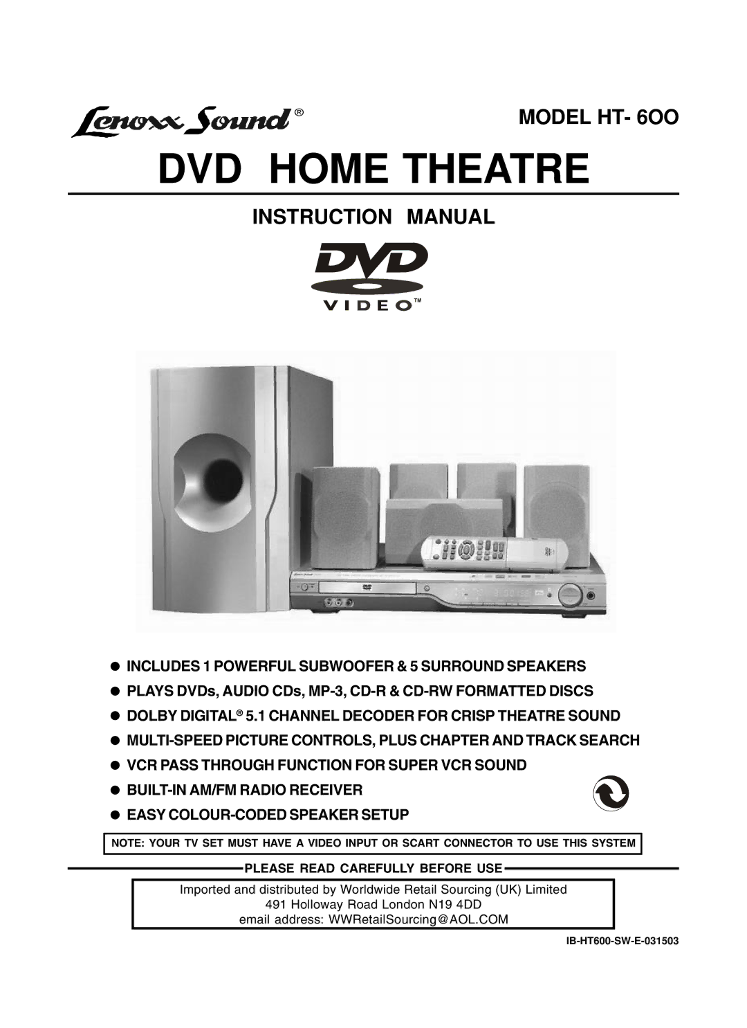 Lenoxx Electronics HT600 instruction manual DVD Home Theatre 