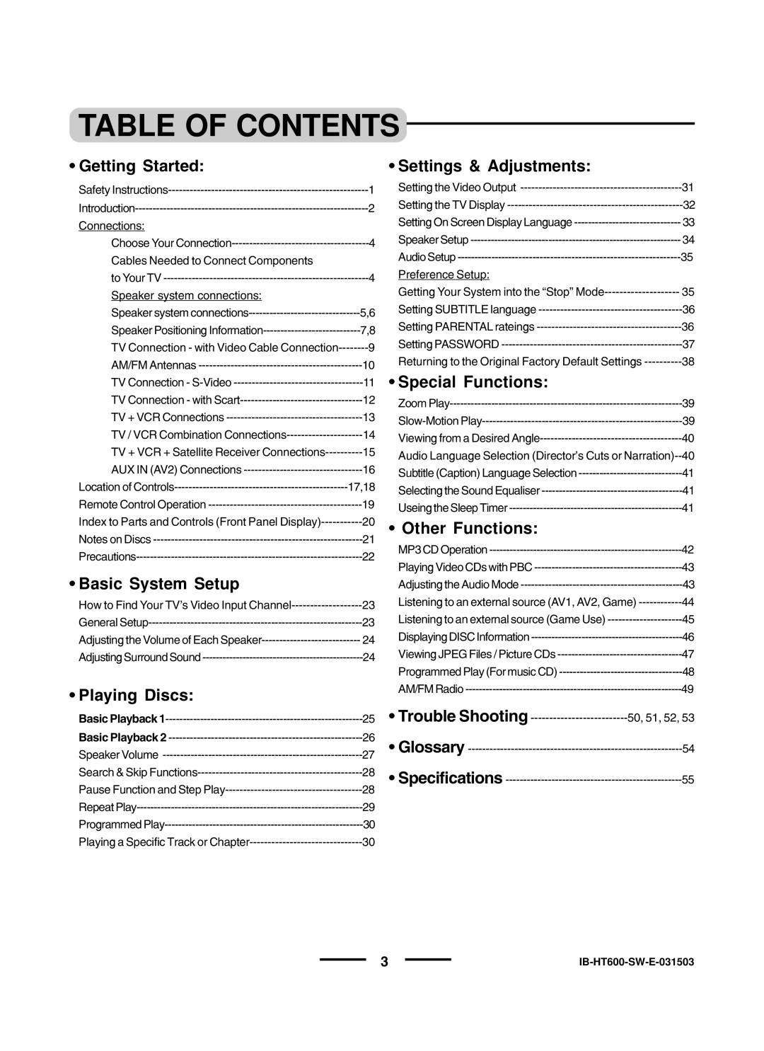 Lenoxx Electronics HT600 instruction manual Table of Contents 