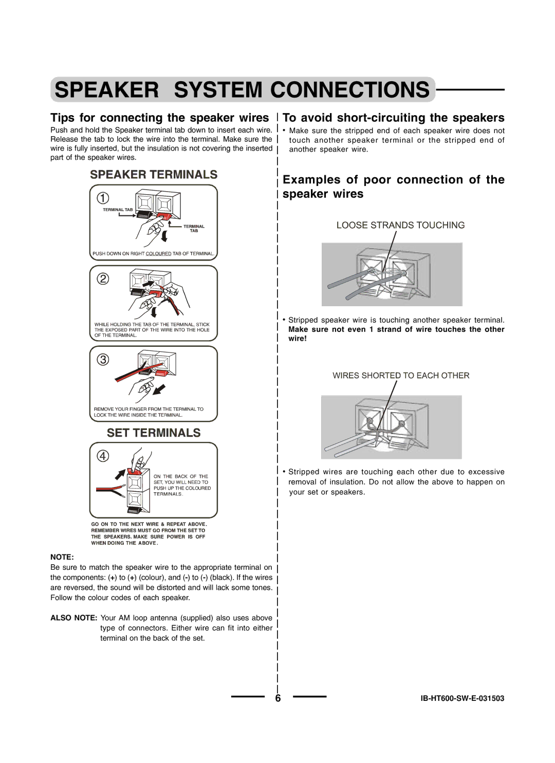 Lenoxx Electronics HT600 instruction manual Tips for connecting the speaker wires, To avoid short-circuiting the speakers 