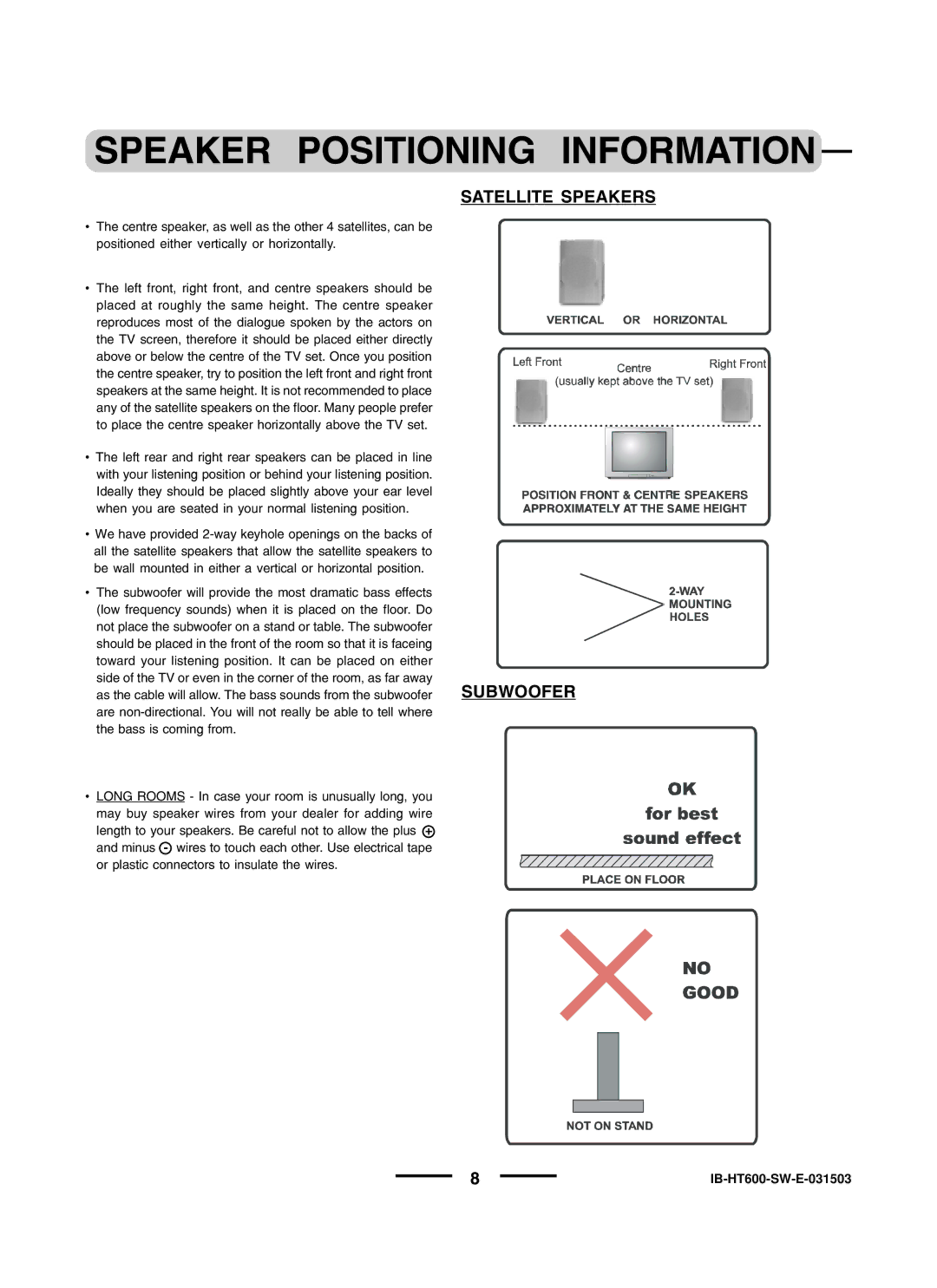 Lenoxx Electronics HT600 instruction manual Satellite Speakers 