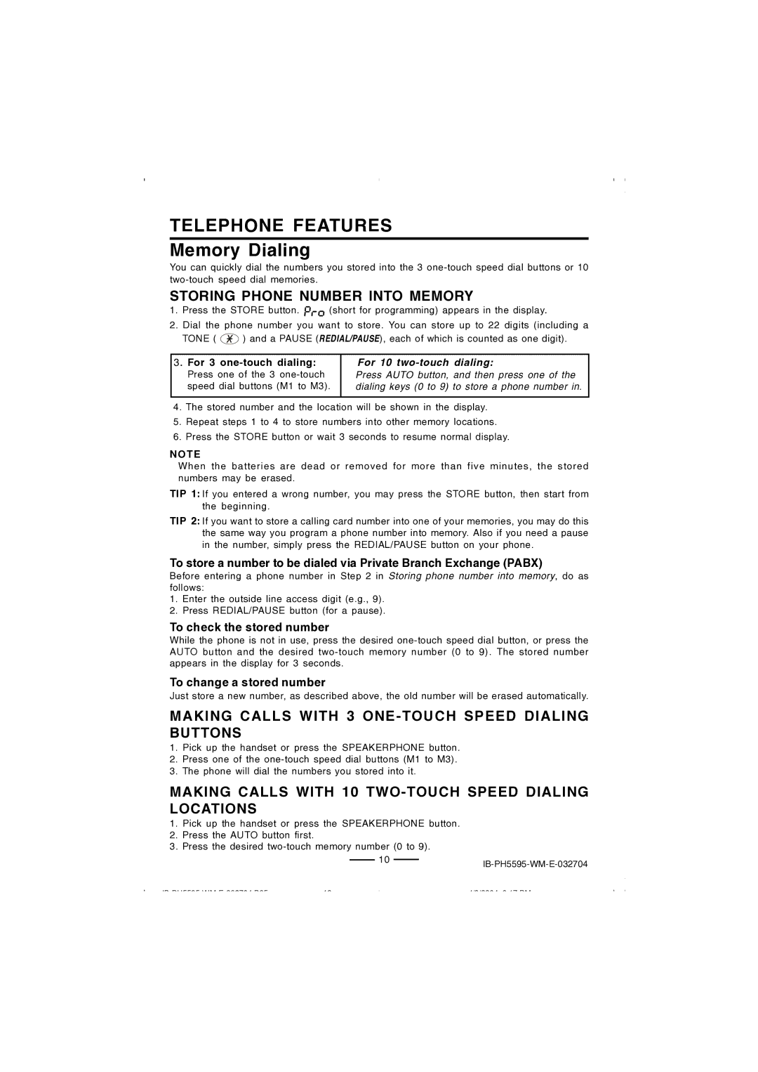 Lenoxx Electronics IB-PH5595 operating instructions Telephone Features, Memory Dialing 