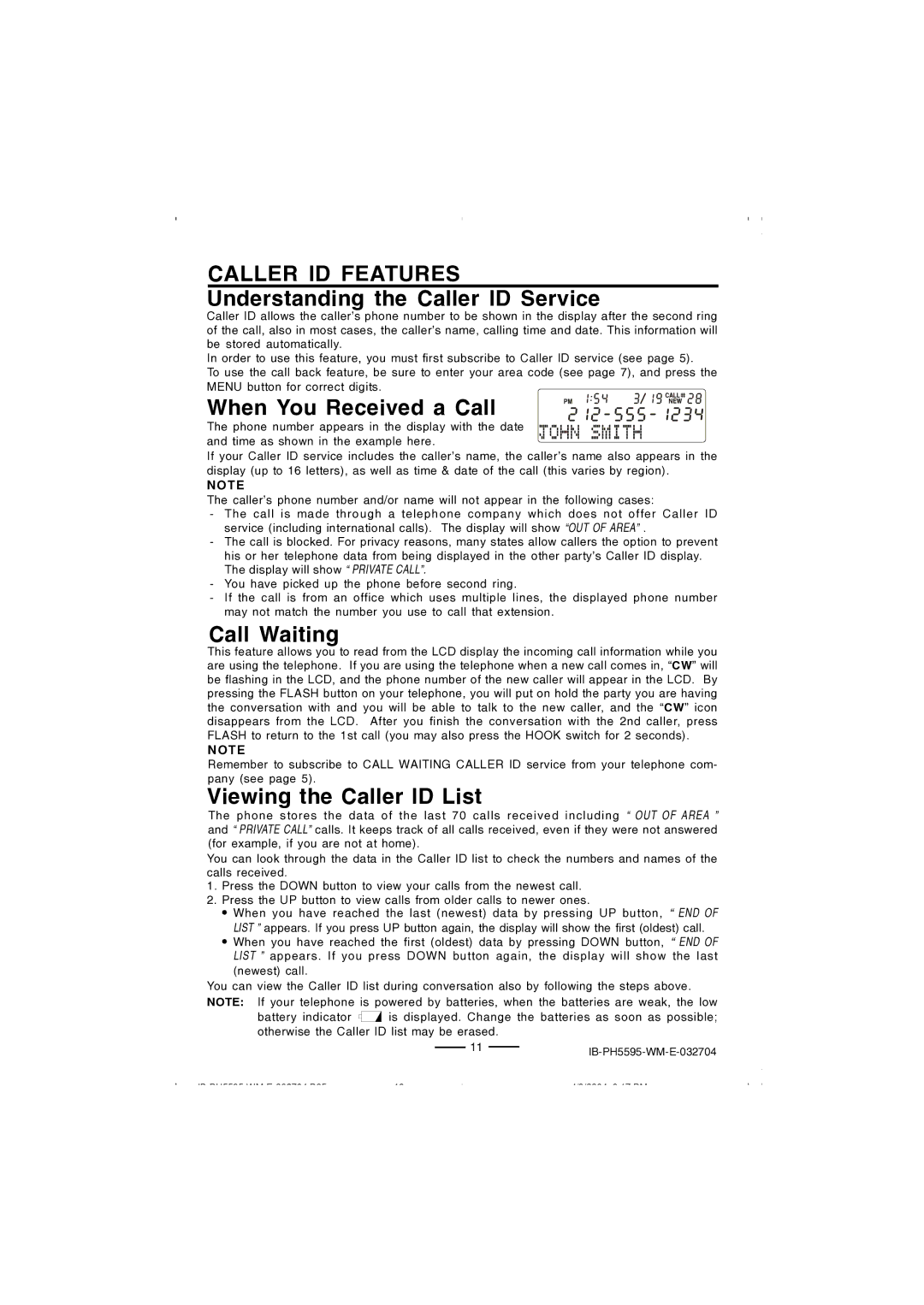 Lenoxx Electronics IB-PH5595 Caller ID Features Understanding the Caller ID Service, When You Received a Call 