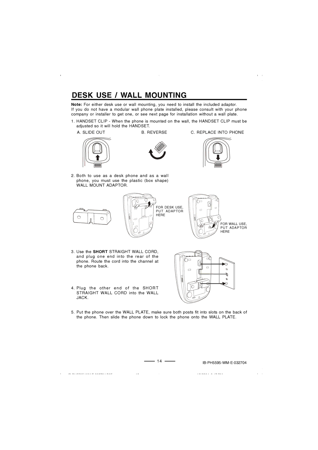 Lenoxx Electronics IB-PH5595 operating instructions Desk USE / Wall Mounting, Wall Mount Adaptor 