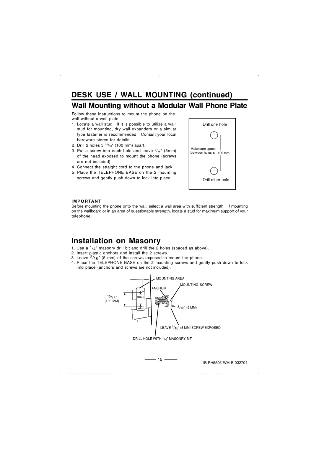 Lenoxx Electronics IB-PH5595 operating instructions Installation on Masonry, Importan T 