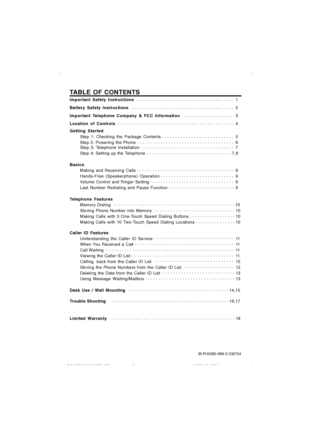 Lenoxx Electronics IB-PH5595 operating instructions Table of Contents 