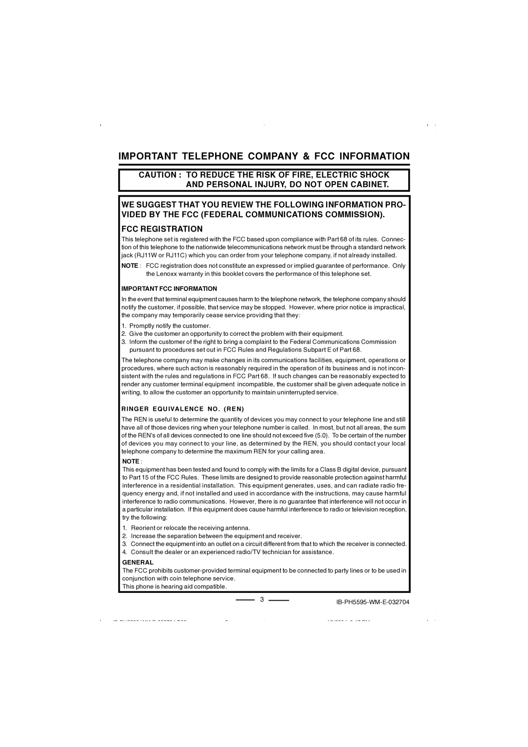 Lenoxx Electronics IB-PH5595 operating instructions Important Telephone Company & FCC Information 