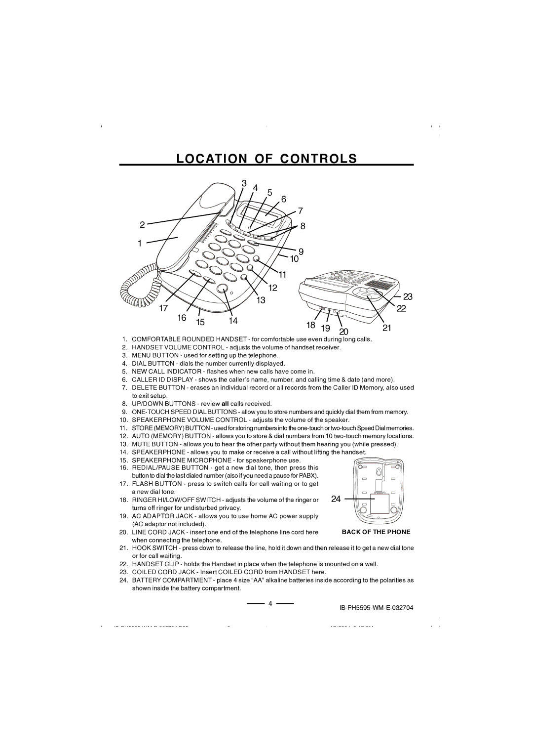 Lenoxx Electronics IB-PH5595 operating instructions Location of Controls 