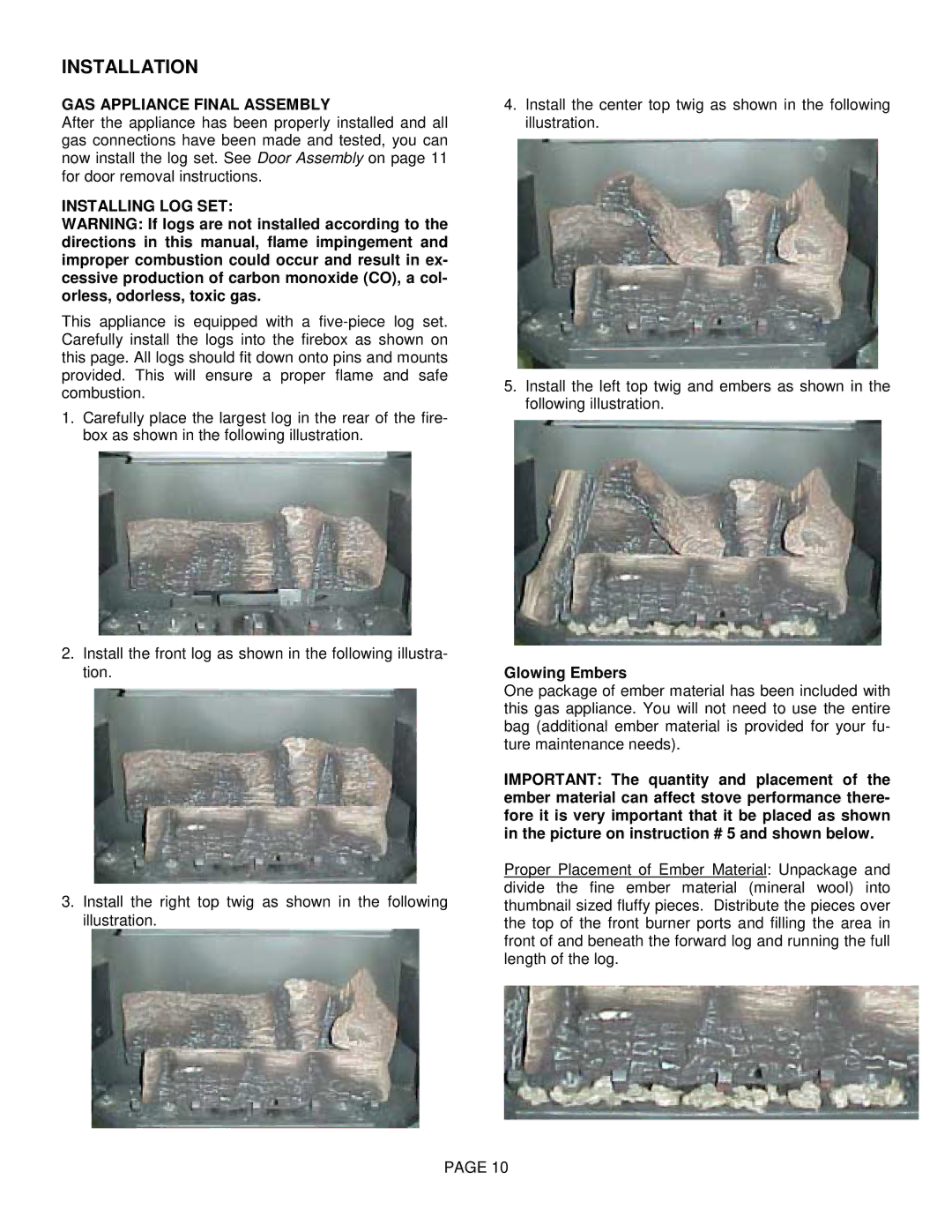 Lenoxx Electronics L30 BF-2 operation manual GAS Appliance Final Assembly, Installing LOG SET, Glowing Embers 